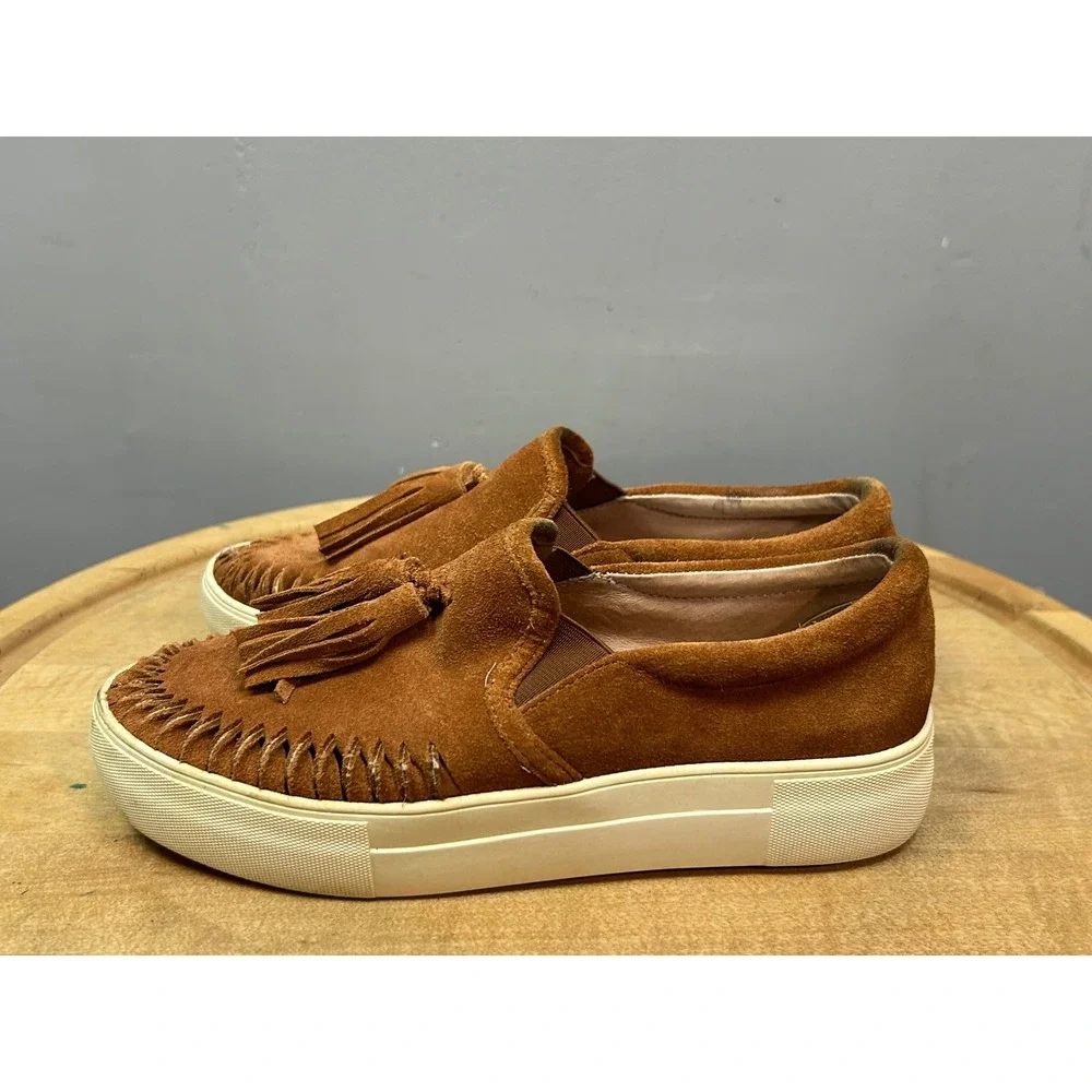 J/Slides NYC Sneakers Womens 6 Brown Suede Tassel‎ Slip On Whipstitch Platform